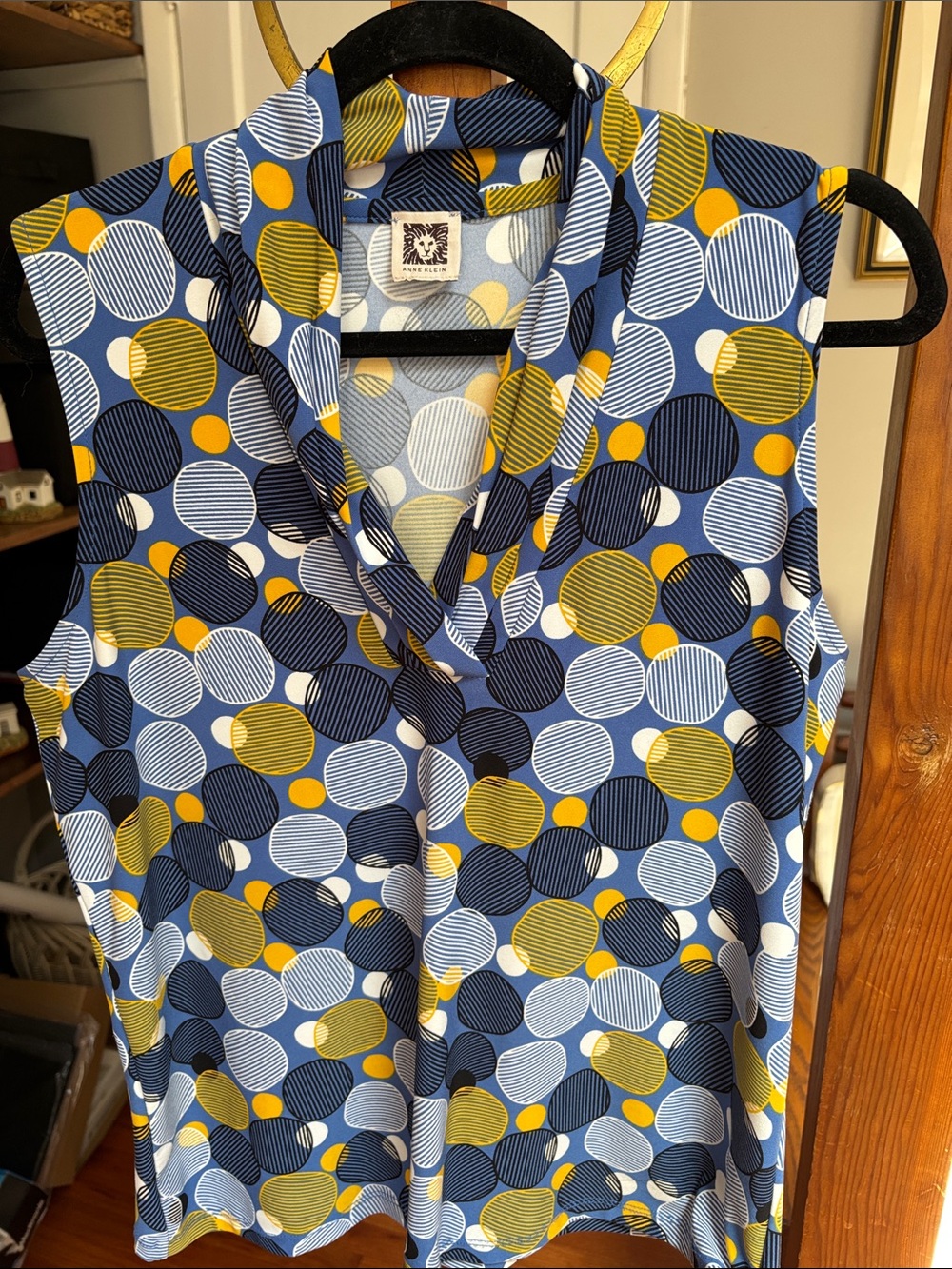 Anne Klein Blue, Yellow and White Patterned rolled V Neck blouse.